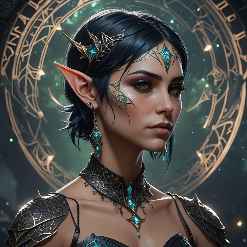 Goth Elf Woman with Runes and Bioluminescence