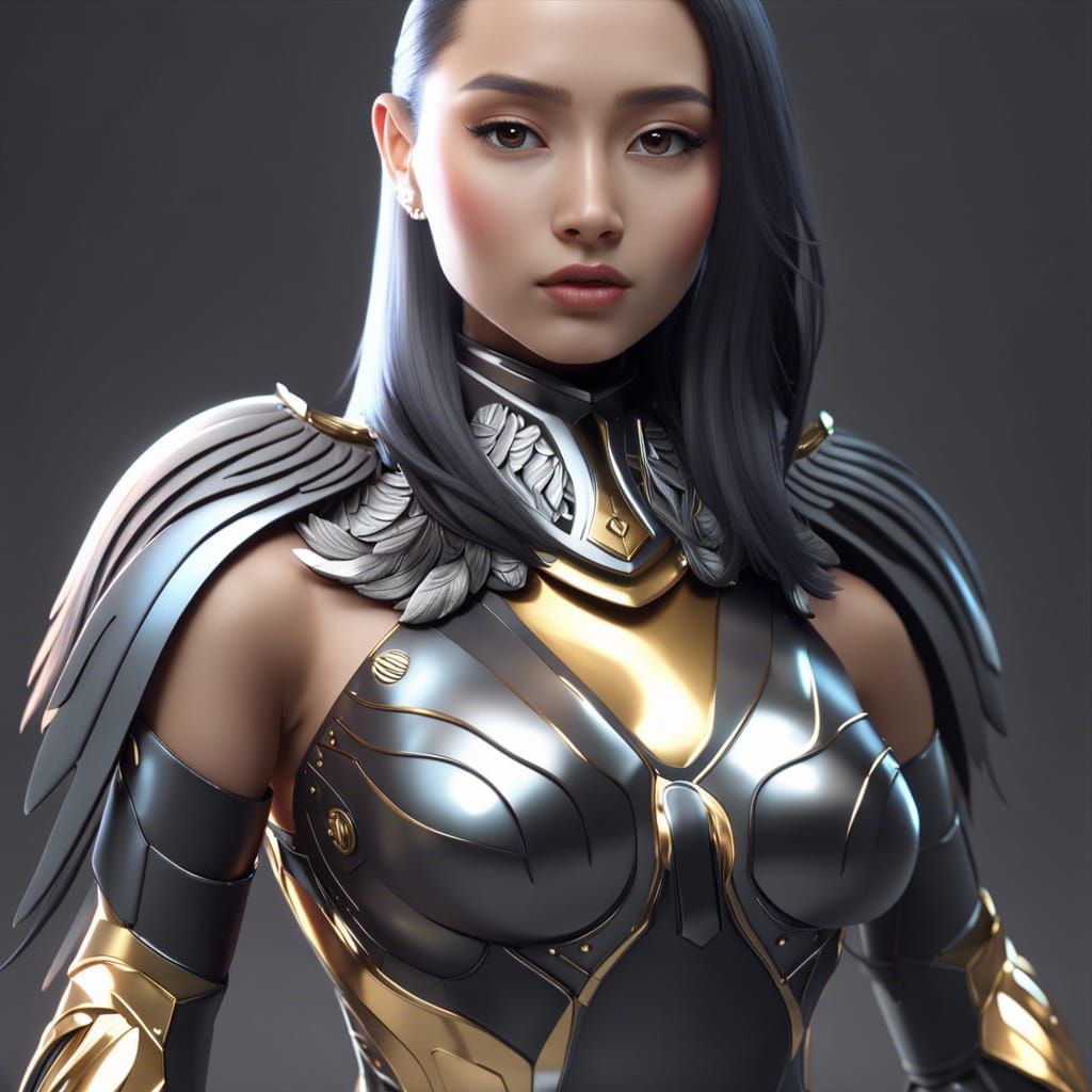 Armored Angel with Golden Wings in Sci-Fi Style