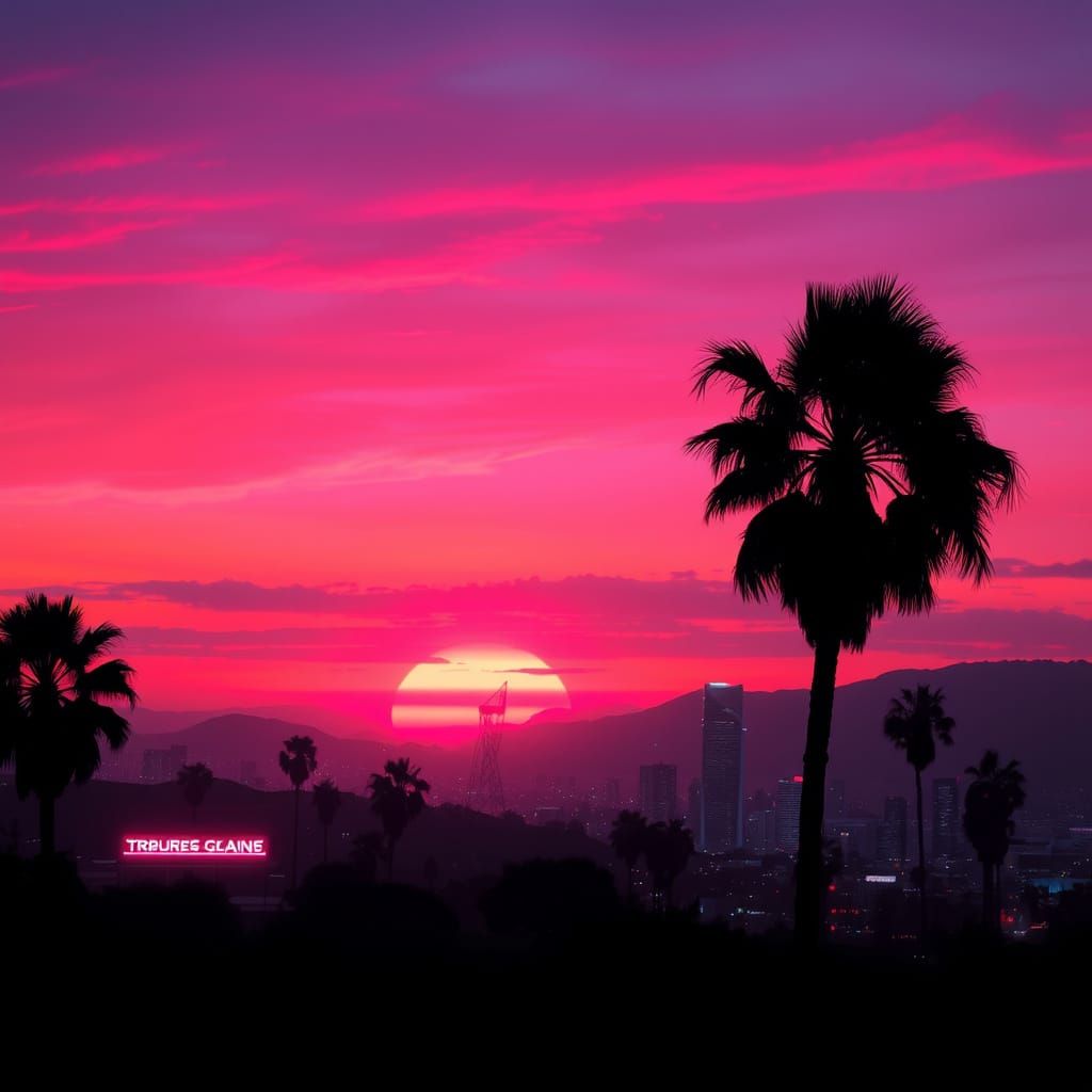 Neon Sunset Over Palm Tree in Retrofuturistic California Lan...