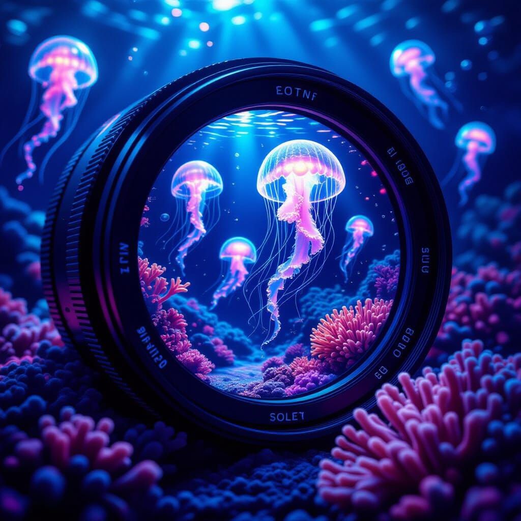 Bioluminescent Ocean Captured by Futuristic Camera Lens