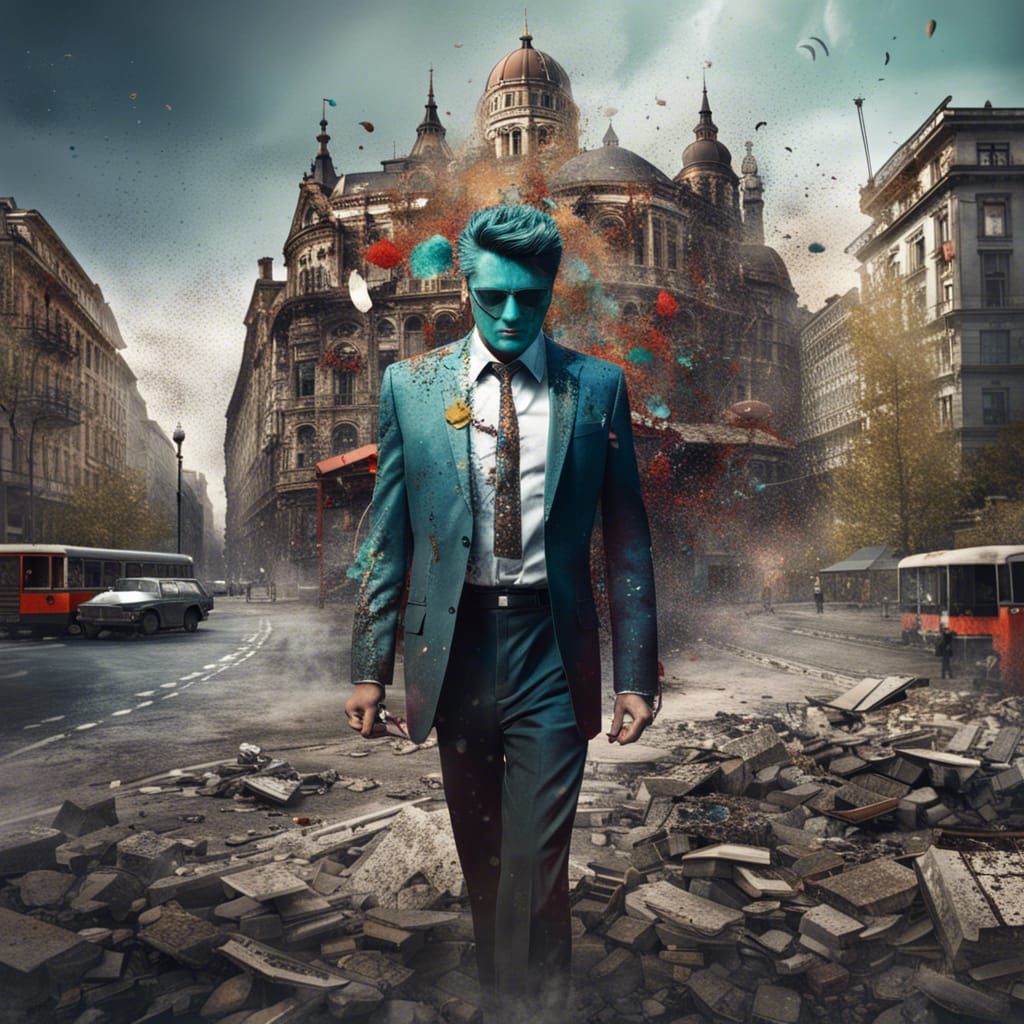 Microphone-Headed Man in Ruined Budapest, Detailed Matte Pai...