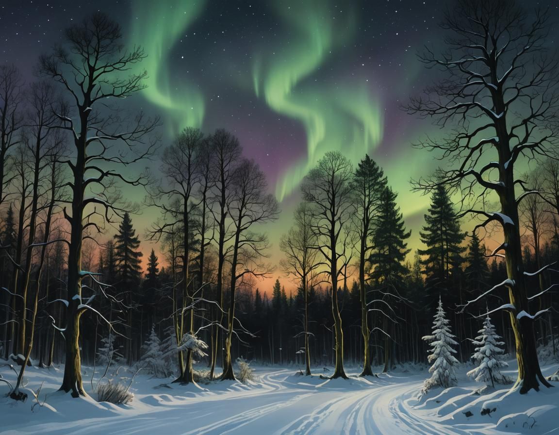 Northern Lights Over Forest in Pre-Raphaelite Style