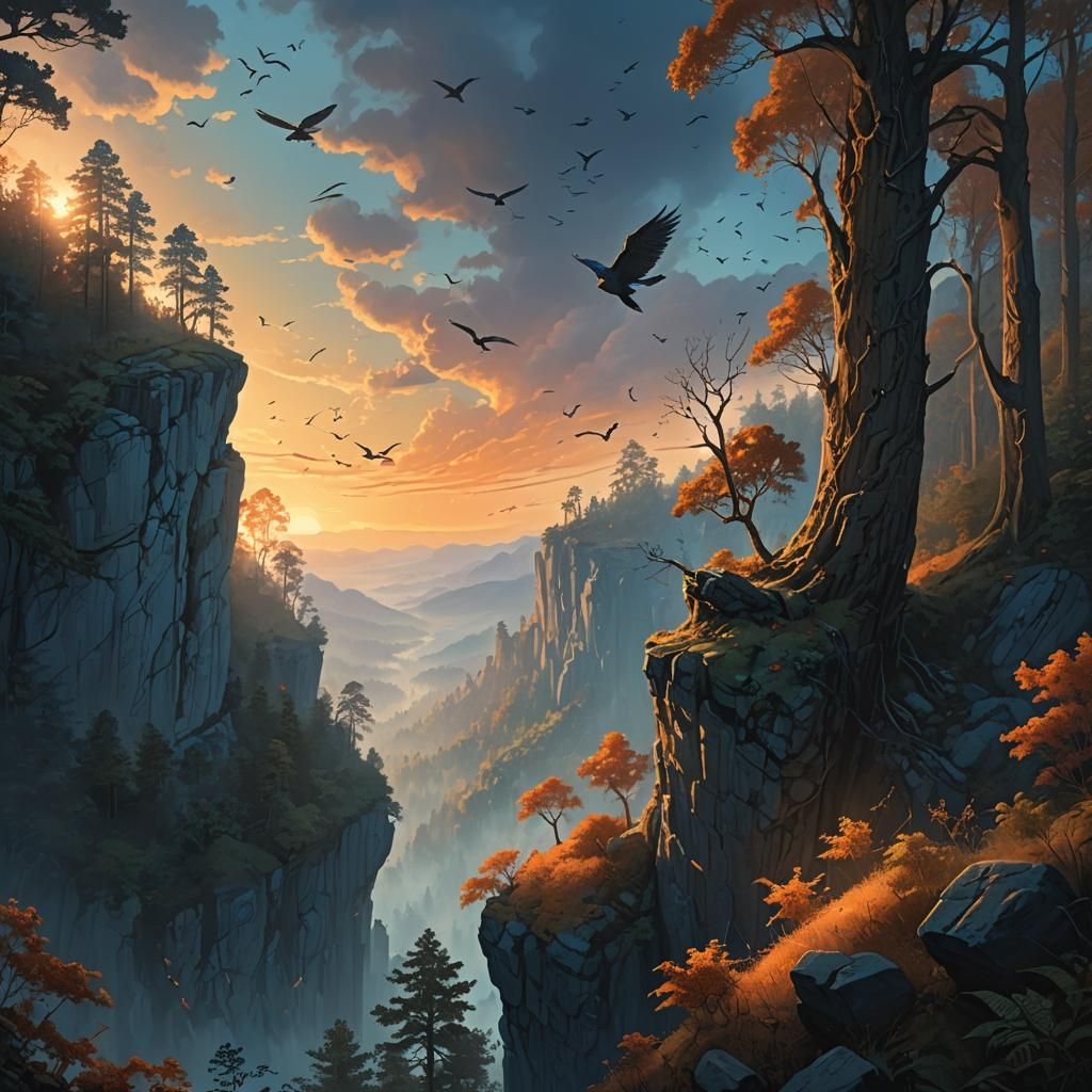 Mystical Forest Scene with Birds in Fantasy Style