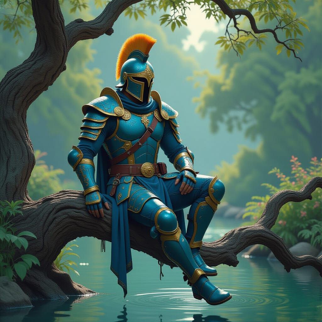 Warrior with Chameleon Armor Perched Over Pond