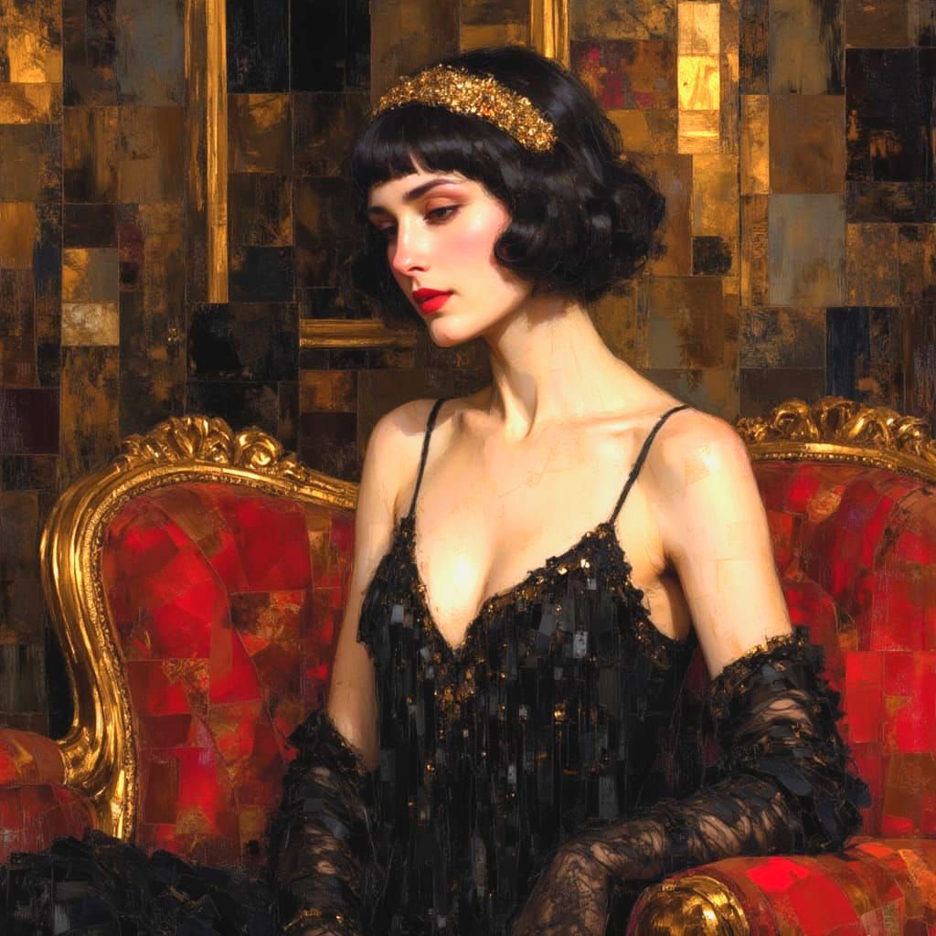 1920s Flapper in Art Deco Parlour, Black and Gold