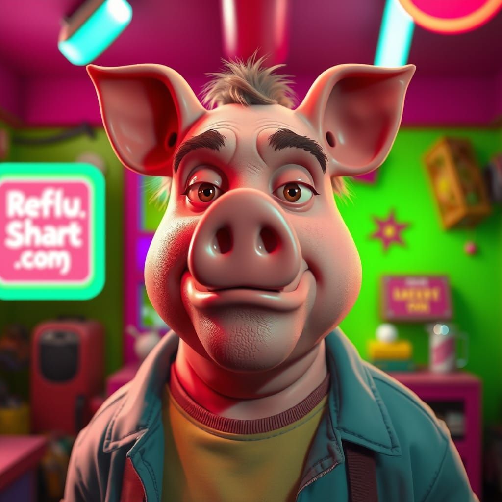 Pixelated Pig-Faced Man in Vibrant Cartoon Environment