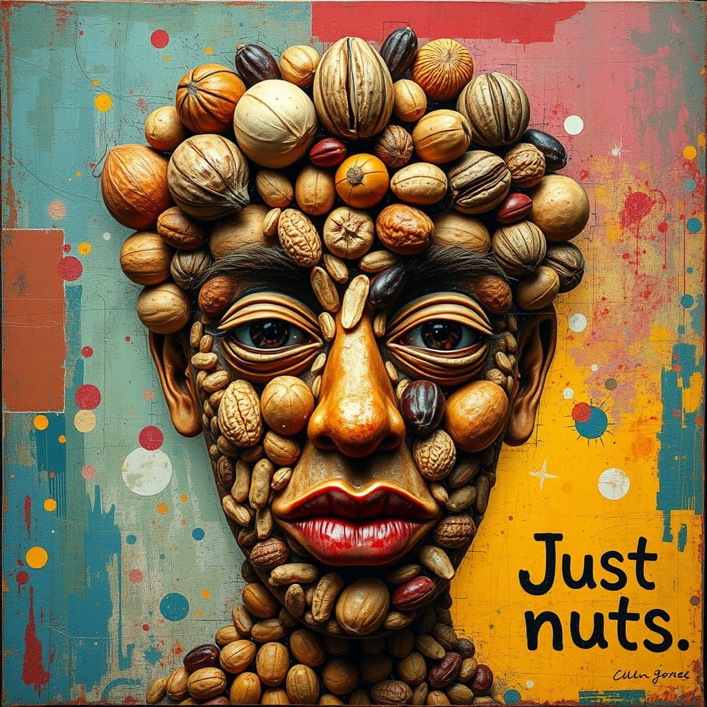 Surreal Nut Portrait with Mixed Media Collage