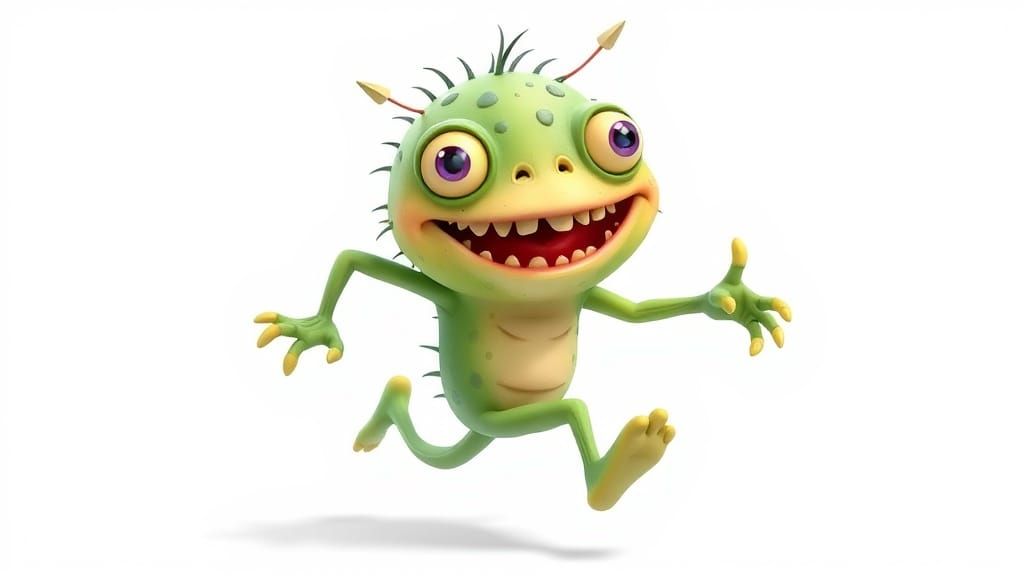 Whimsical Monster Leek Sprinting Across a Clean Background