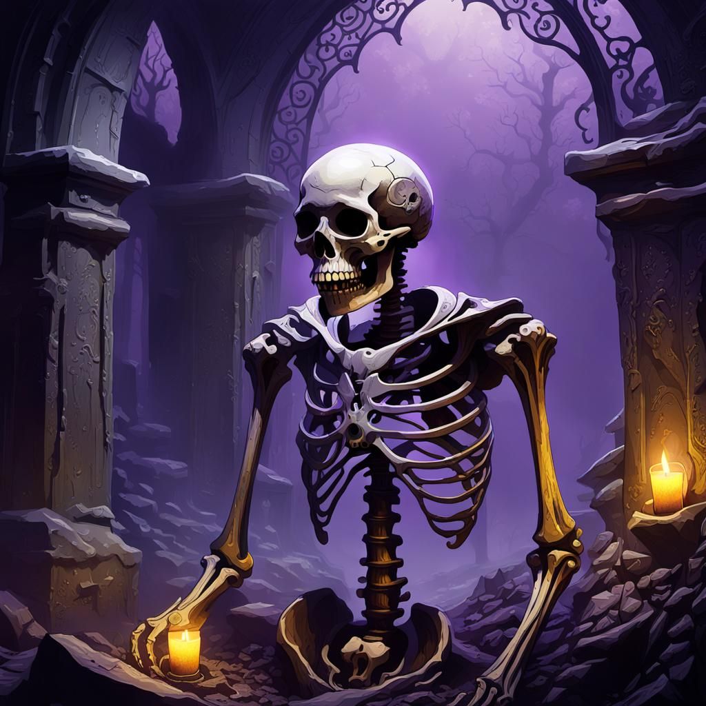 Skeleton Skull with Graveyard: Dark Fantasy Art