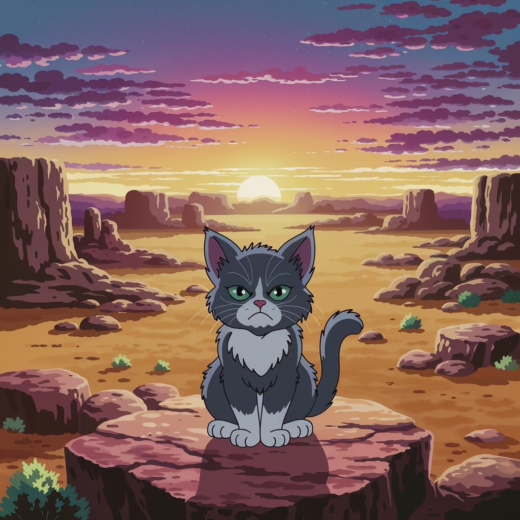 Furry Feline Contemplates Endless Dunes Amidst Vibrant Deser...