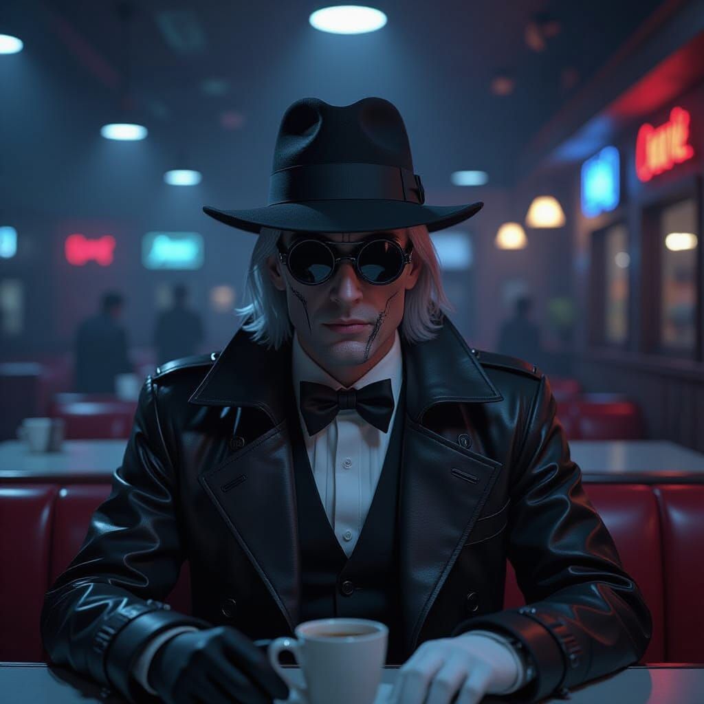Mysterious Man in Diner at Night, Cinematic 3D Render