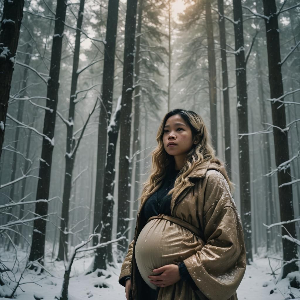 Pregnant Werewolf in Snowy Forest: Cinematic Film Still