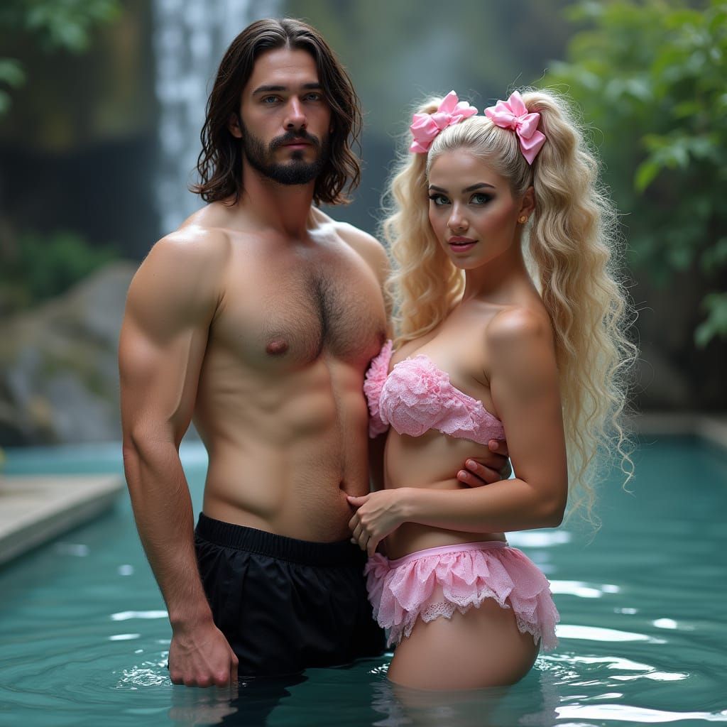 Handsome Man and Beautiful Woman Bask in Japanese Onsen Zen