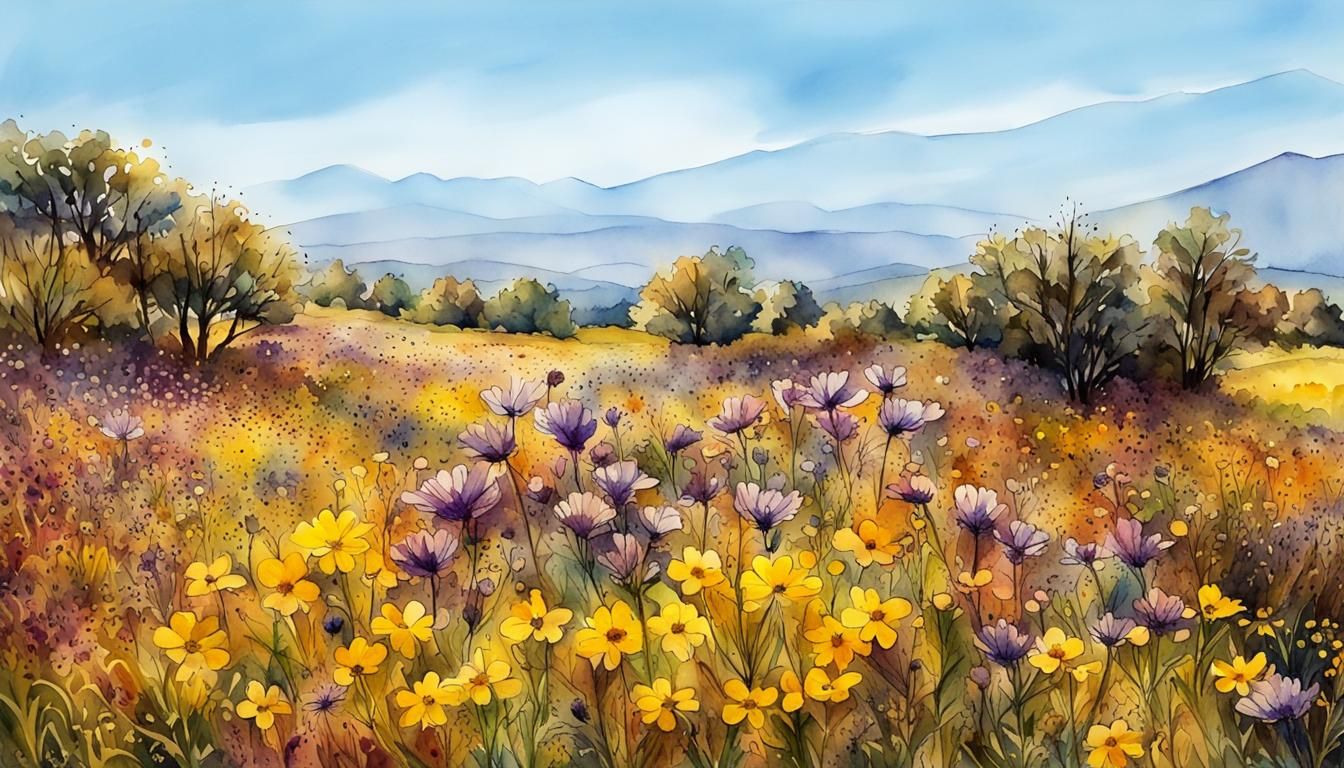Watercolor Wildflower Field with Blue Sky