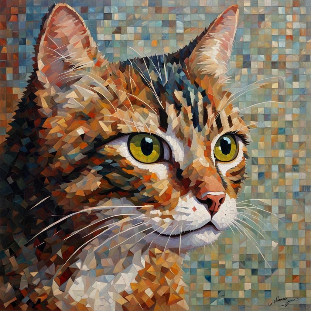 Mosaic Cat in Oil Painting Style