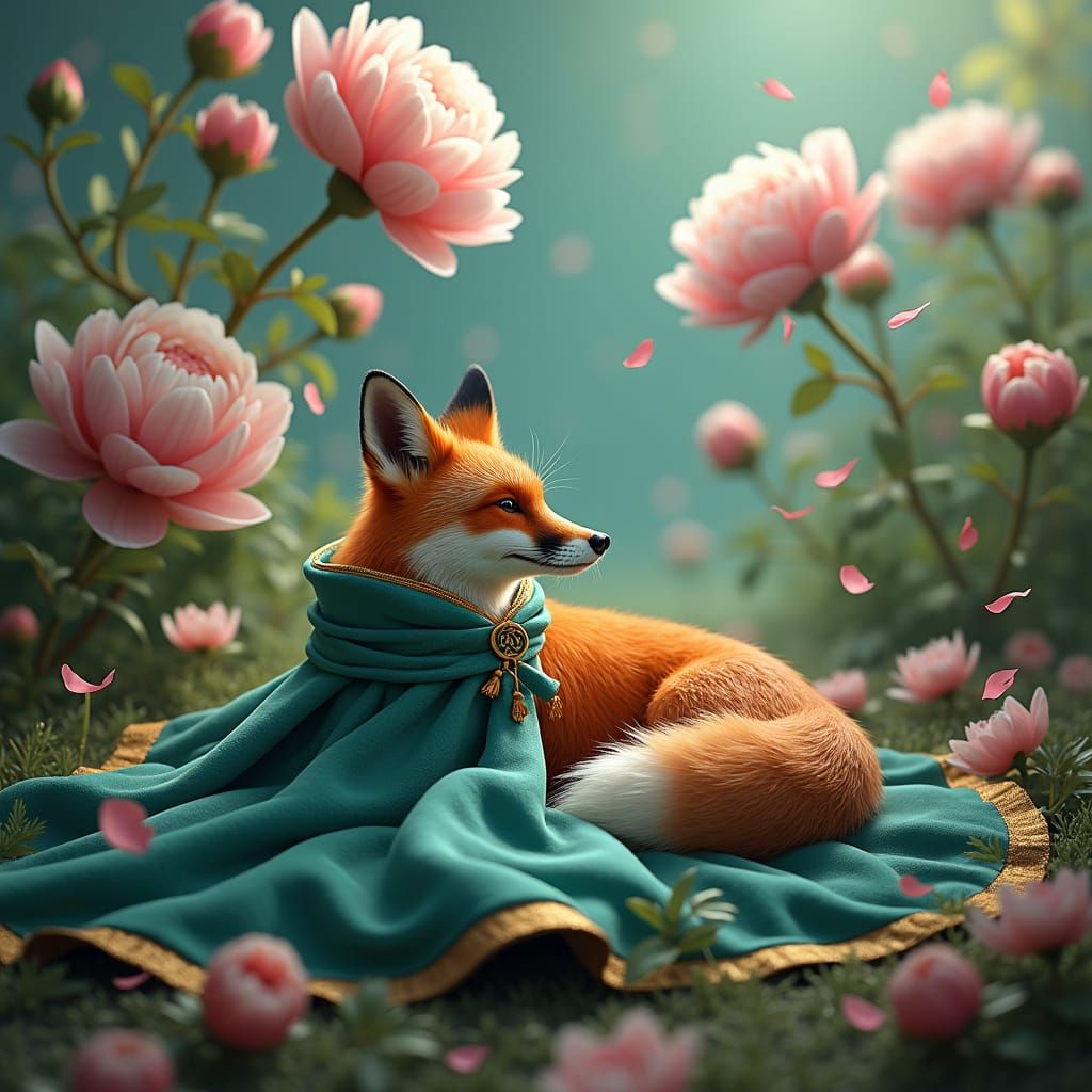 Fox in Peony Garden: Dreamlike Fantasy