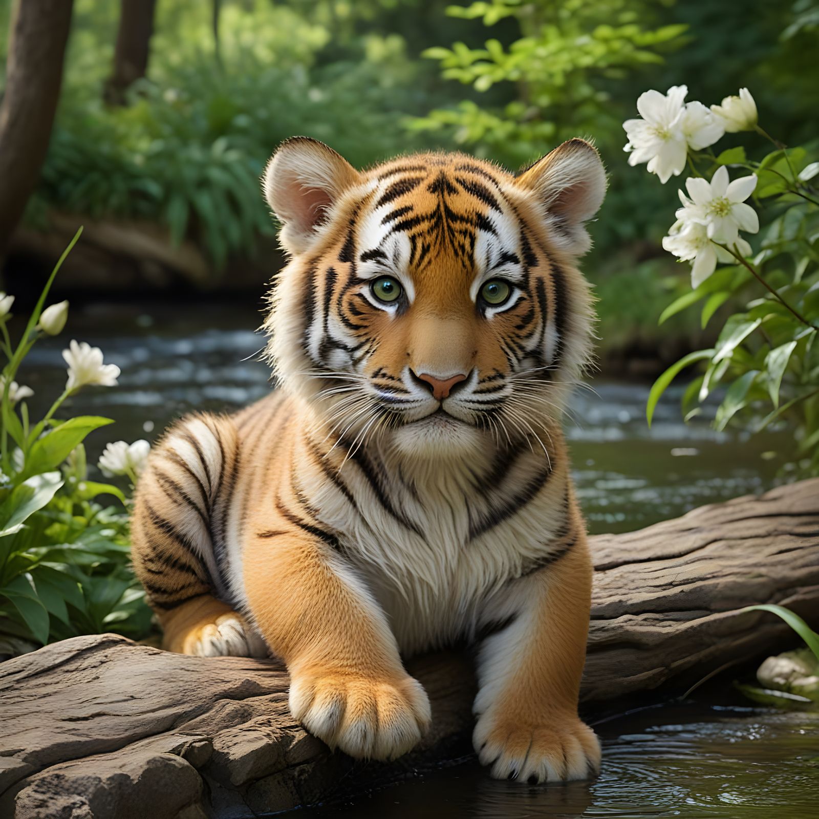 Tiger Cub in Summer Forest River Scene
