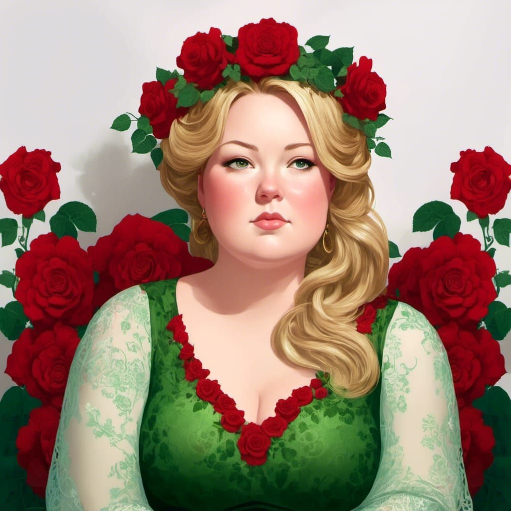 Anime Portrait of a Plus-Size Woman with Rose Crown