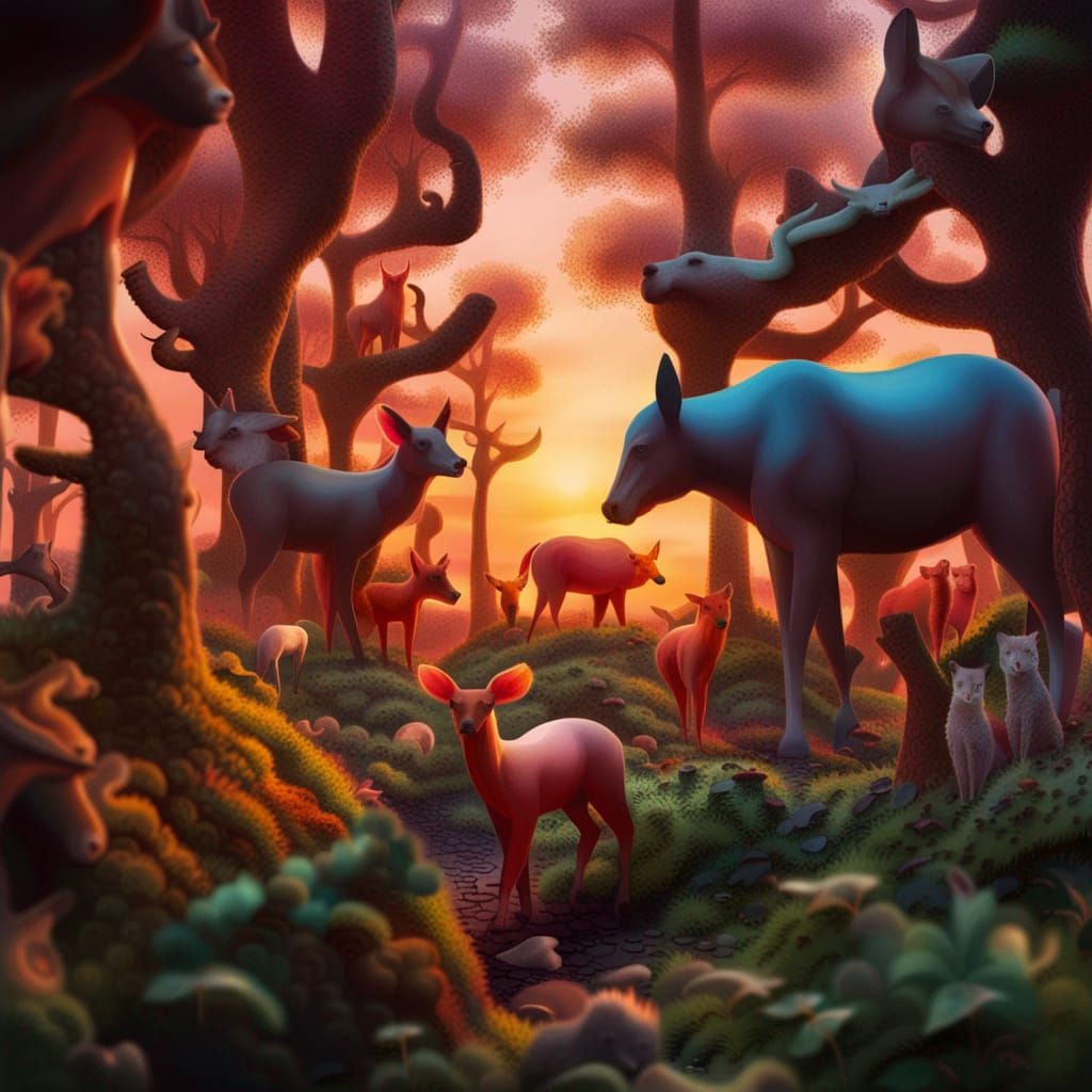 Sunset Playtime in a Plastic Animal Forest