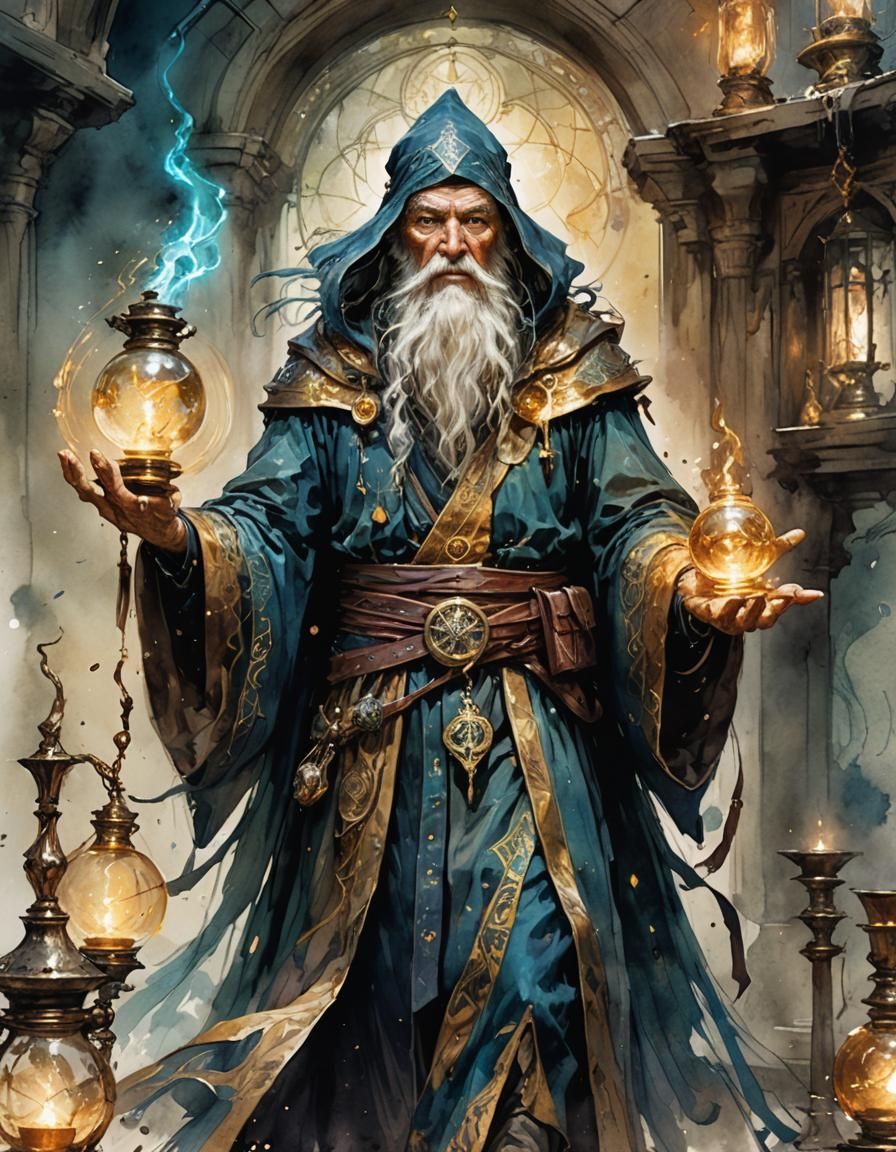 Venerable Mage with Hourglass Symbol in Watercolor Style