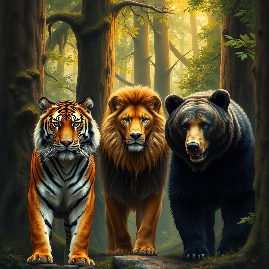 Majestic Wildlife Coexistence in Romantic Realism Style