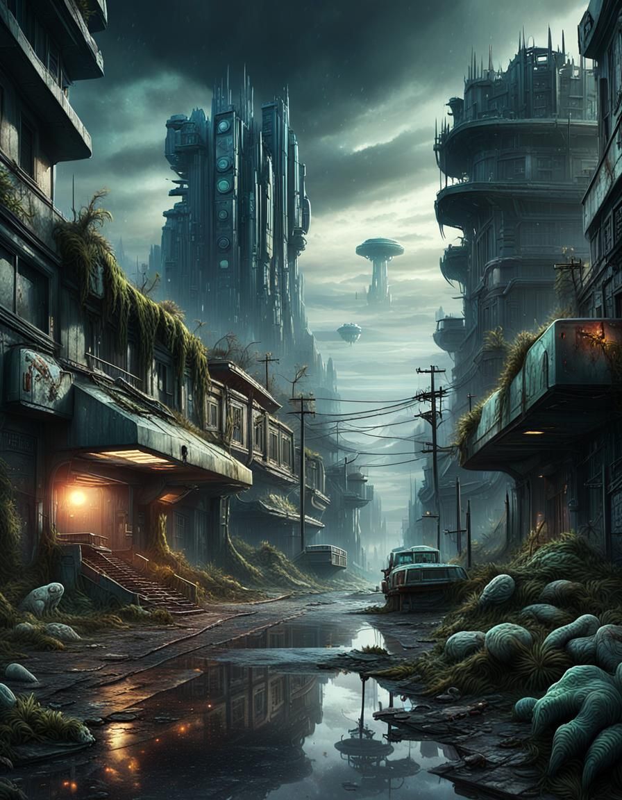 Apocalyptic Sci-Fi Street in Alien Horror Landscape