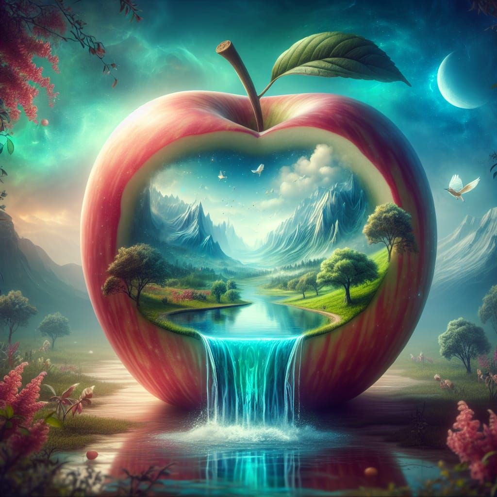 Magical Apple Containing Fantasy Landscape with Flowing Wate...