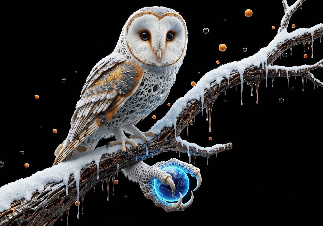 Barn Owl with Glowing Orb in Surreal 3D Render