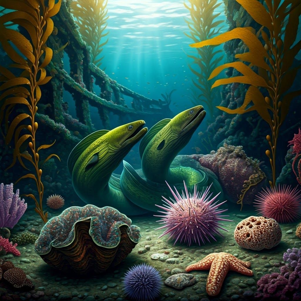 Realist Kelp Forest Scene with Entwined Moray Eels and Sunke...
