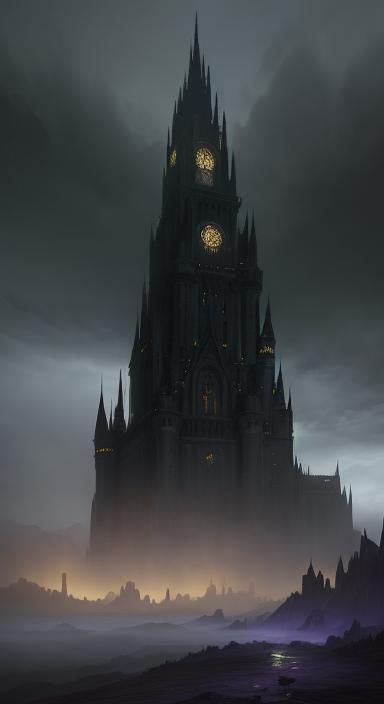 Ruined Castle on Mountain in Rainstorm, Dark Fantasy Art