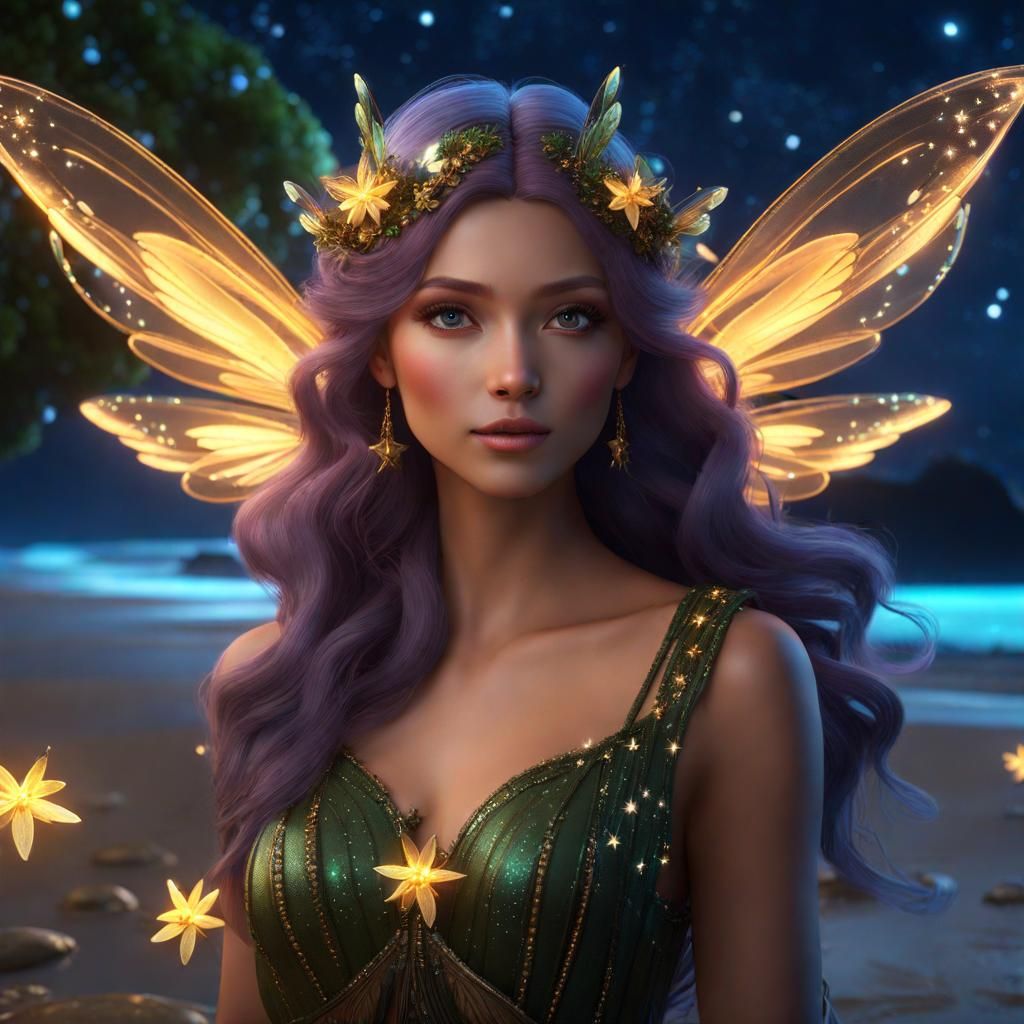 Enchanting Fairy on a Beach at Night