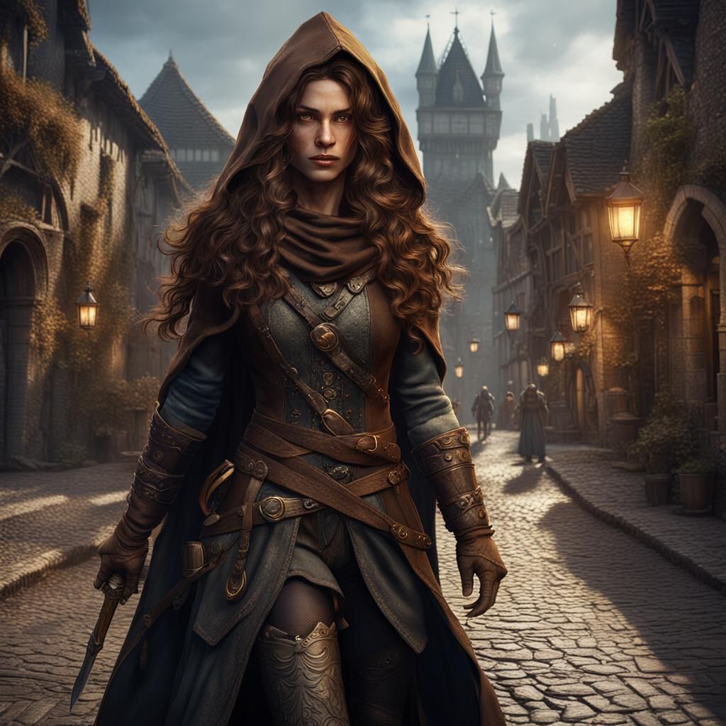 Beautiful Female Rogue Walking in Medieval Street