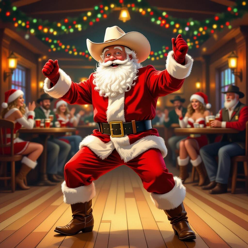 Santa Claus Country Line Dancing in Festive Saloon