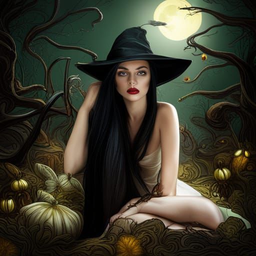 Beautiful Witch in Gloomy Forest Concept Art