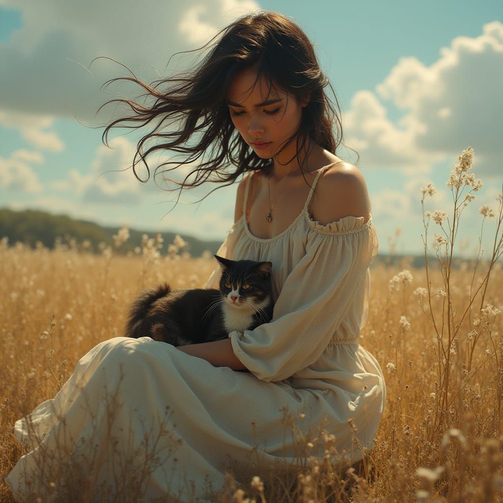 Sorrowful Woman Stands Amidst Carnage with Grieving Feline C...