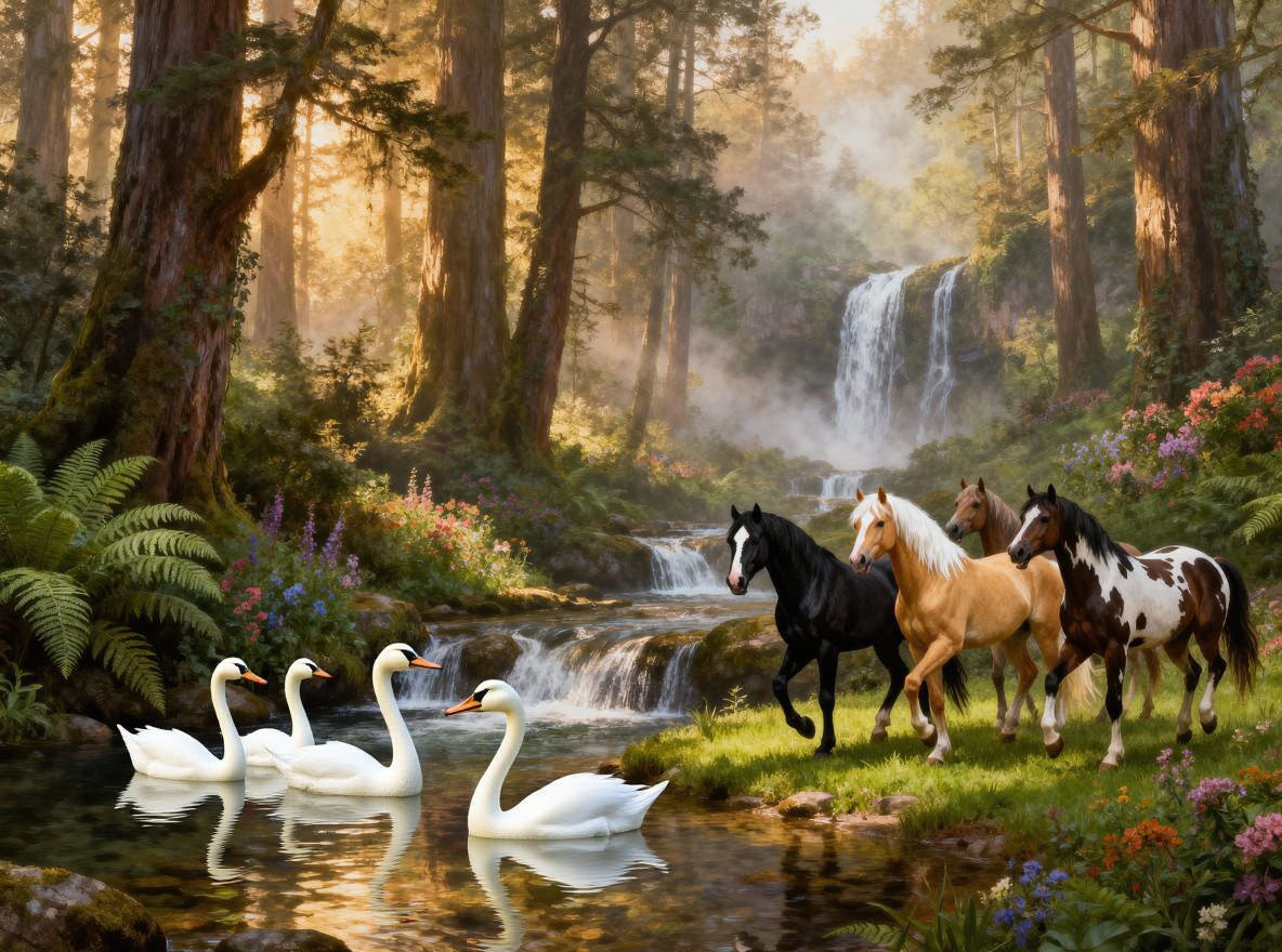 Ethereal Fantasy Forest with Arabian Horses and Waterfalls