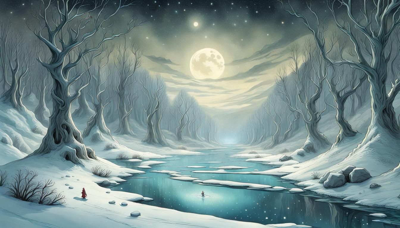 Frozen River on Alien Planet with Whimsical Forest