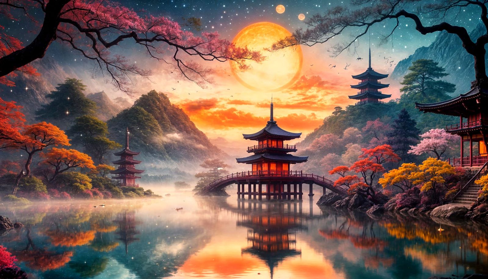 Serene Japanese Pagoda Under Starlit Nebula Sky