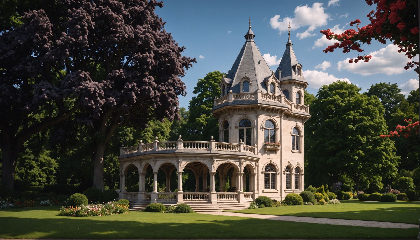 Gothic Gazebo Mansion in Hyperrealistic Garden Park
