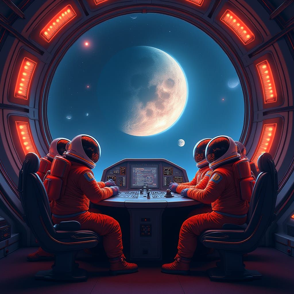 Five Astronauts at Rocket Control Panel Heading to Moon