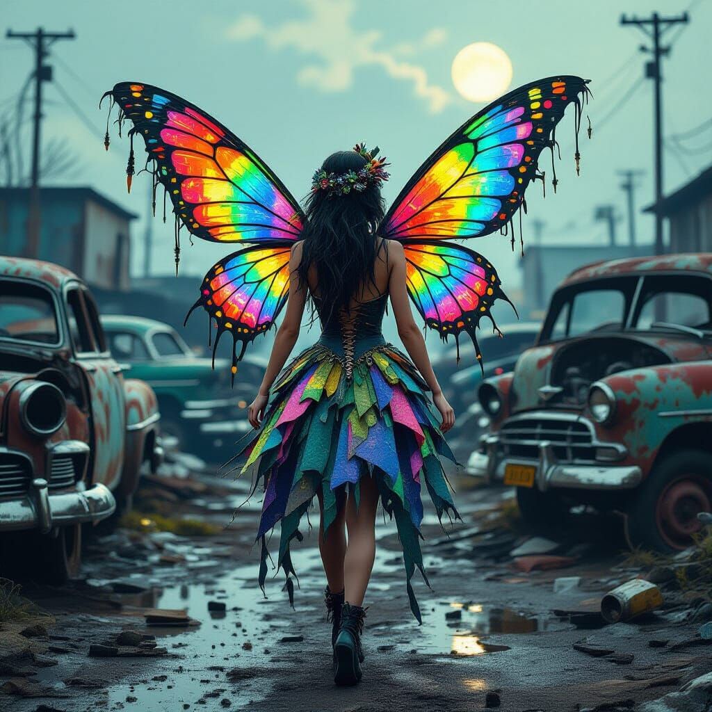 Iridescent Fairy in Junkyard, Automotive Decay Art