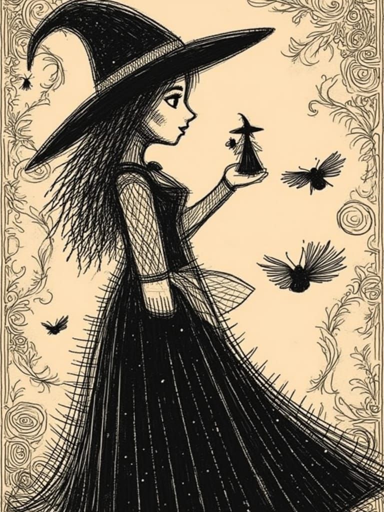 Mysterious Witch in Gothic Vintage Pencil Sketch Style