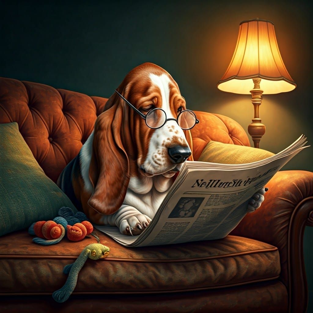 Basset Hound Reader in Cozy Domestic Scene