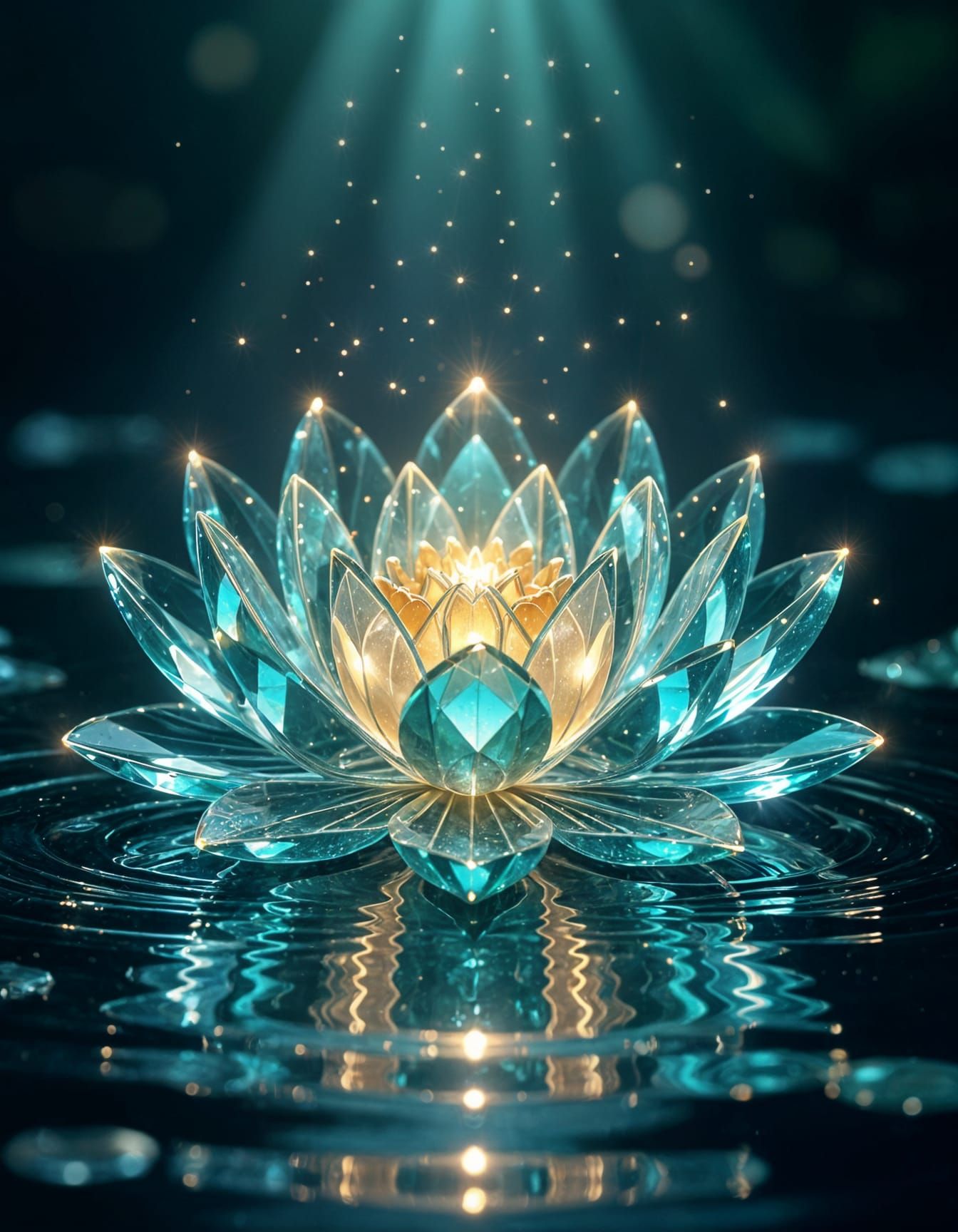 Glowing Crystal Lotus Flower on Reflective Surface