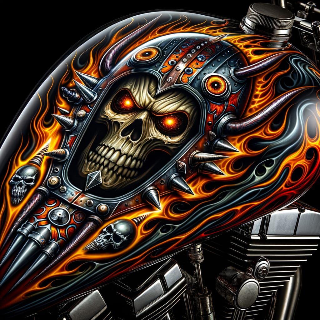Airbrushed Motorcycle Tank with Skulls and Flames