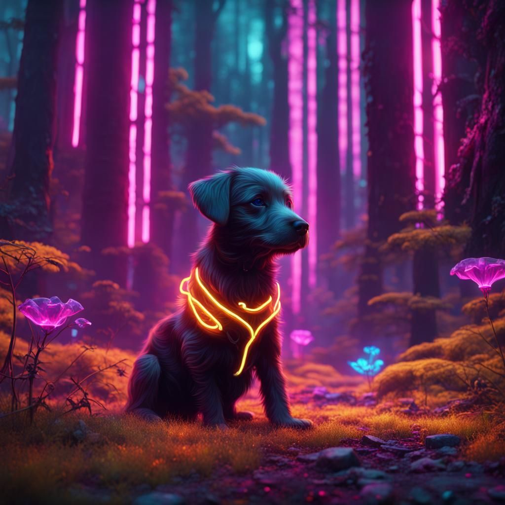 Neon Forest and Puppy in Detailed Matte Painting