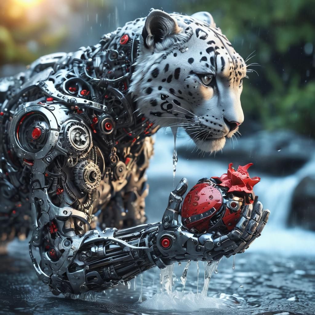 Cyberpunk Snow Leopard Cyborg Cleansing Mechanical Heart