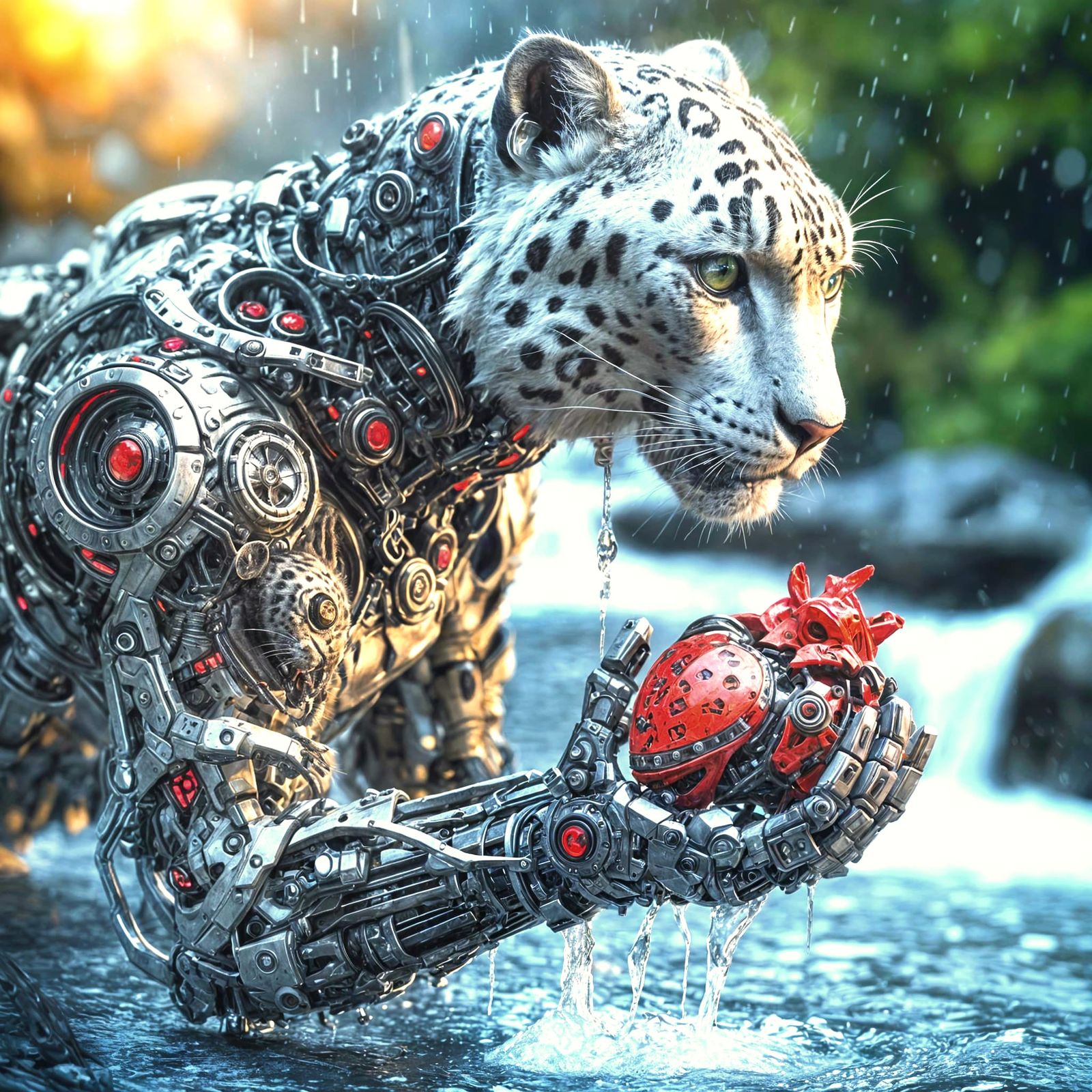 Cyborg Snow Leopard Holding Mechanical Heart