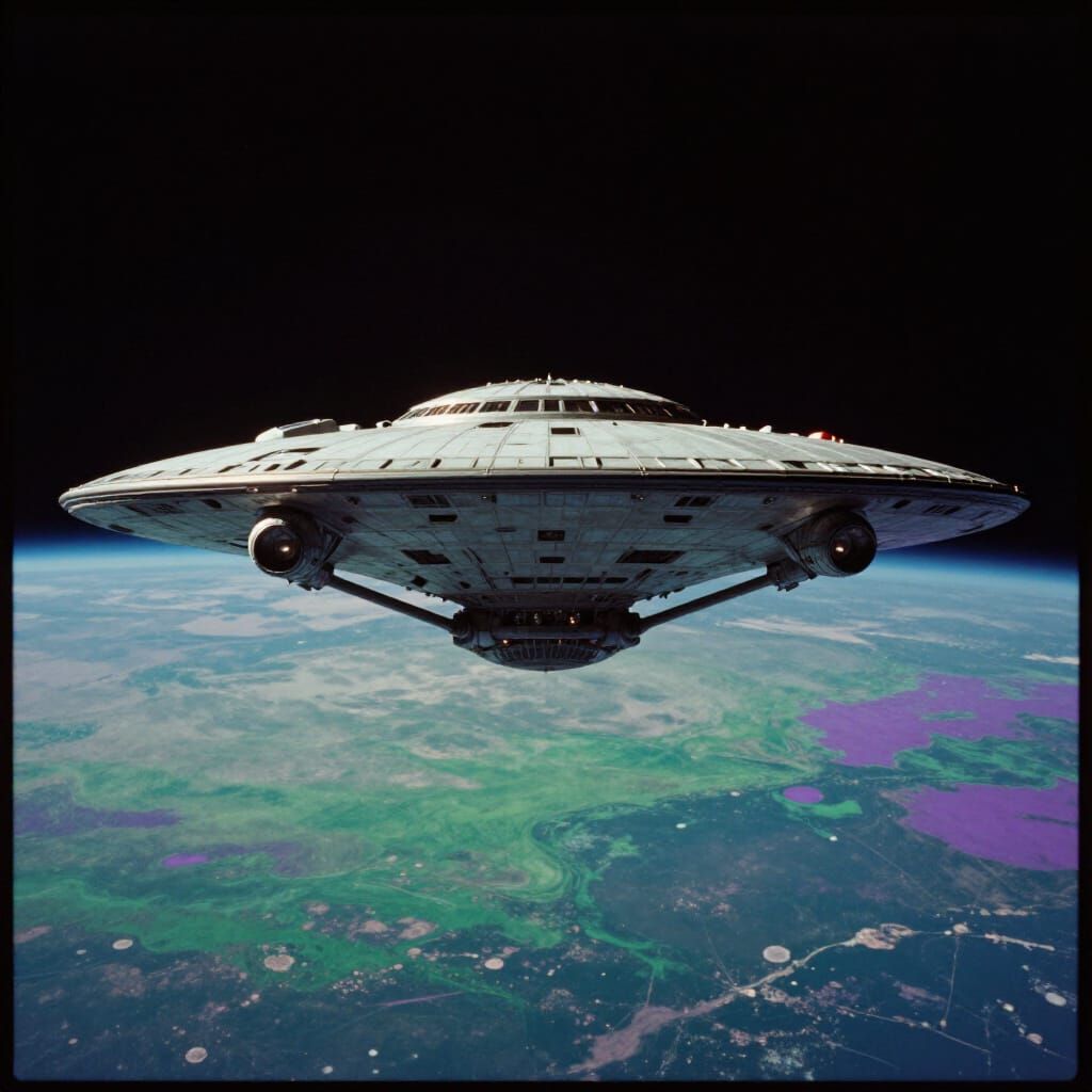 Alien Spaceship Hovering Above Planet in Cinematic Style