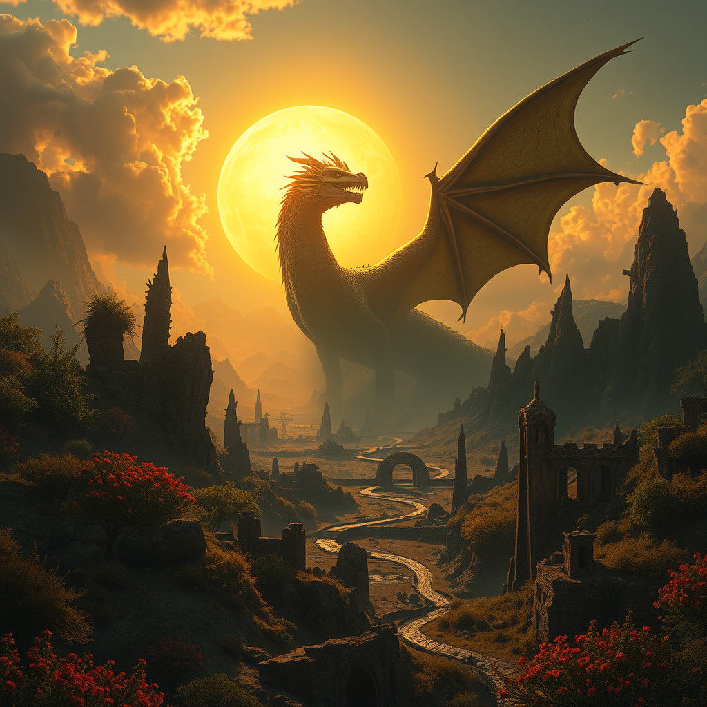 Majestic Sun Dragon in Mystical Landscape